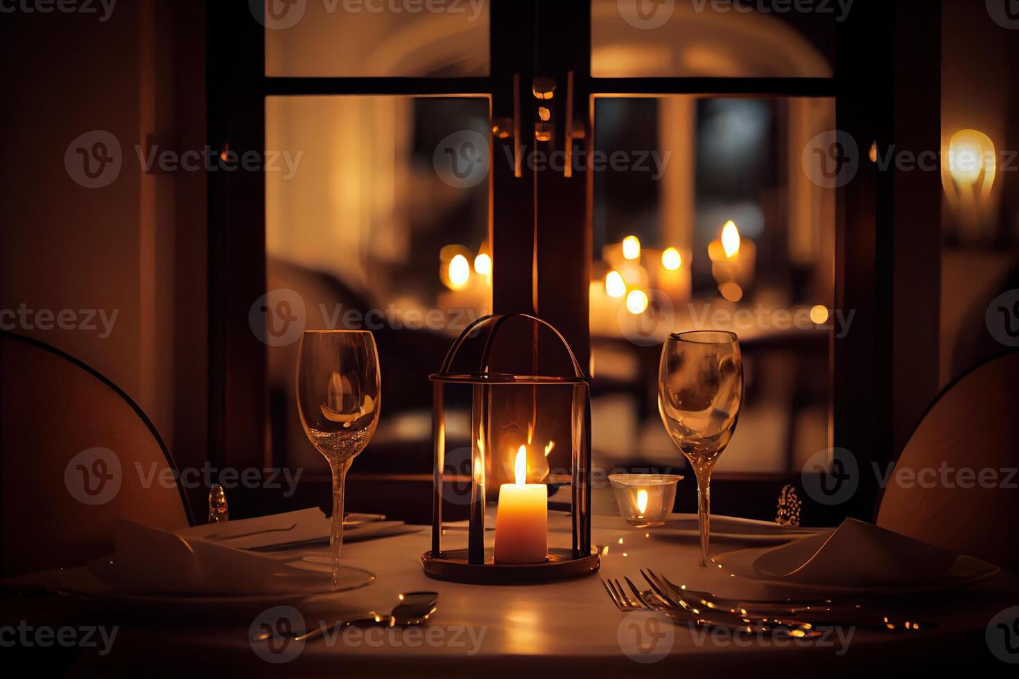 illustration of a restaurant table with a glass of white wine, soft golden light, expensive restaurant with beautiful lights in the background photo