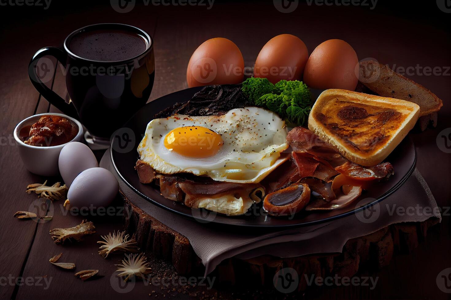 illustration of fried eggs and bacon and hash browns and black pudding and mushrooms and toast... photo