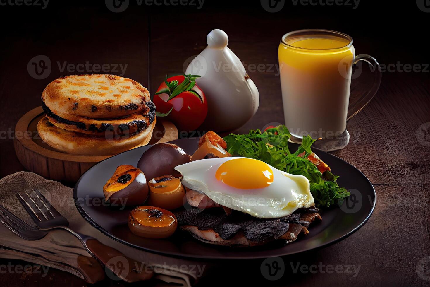 illustration of fried eggs and bacon and hash browns and black pudding and mushrooms and toast... photo