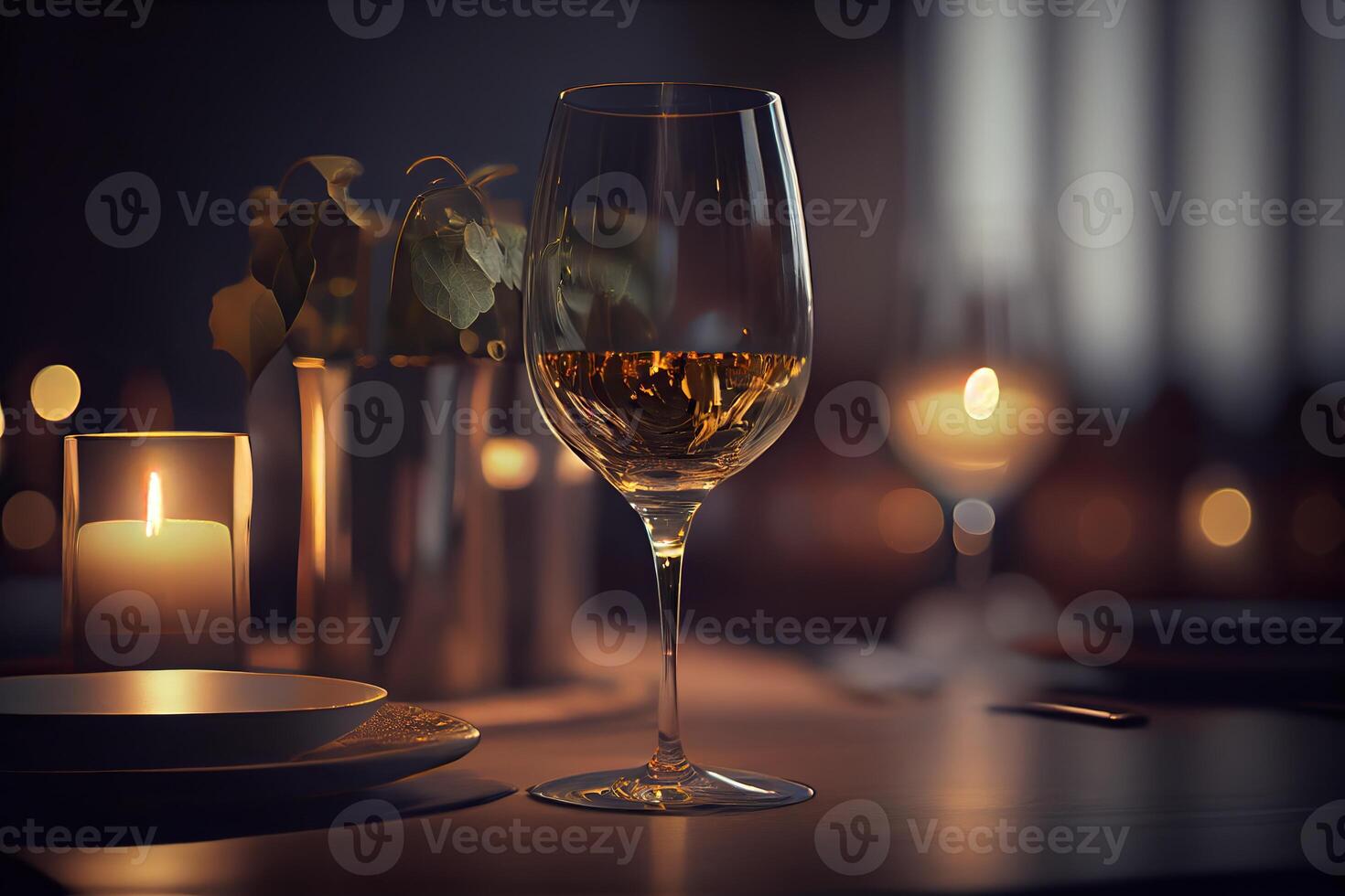 illustration of a restaurant table with a glass of white wine, soft golden light, expensive restaurant with beautiful lights in the background photo