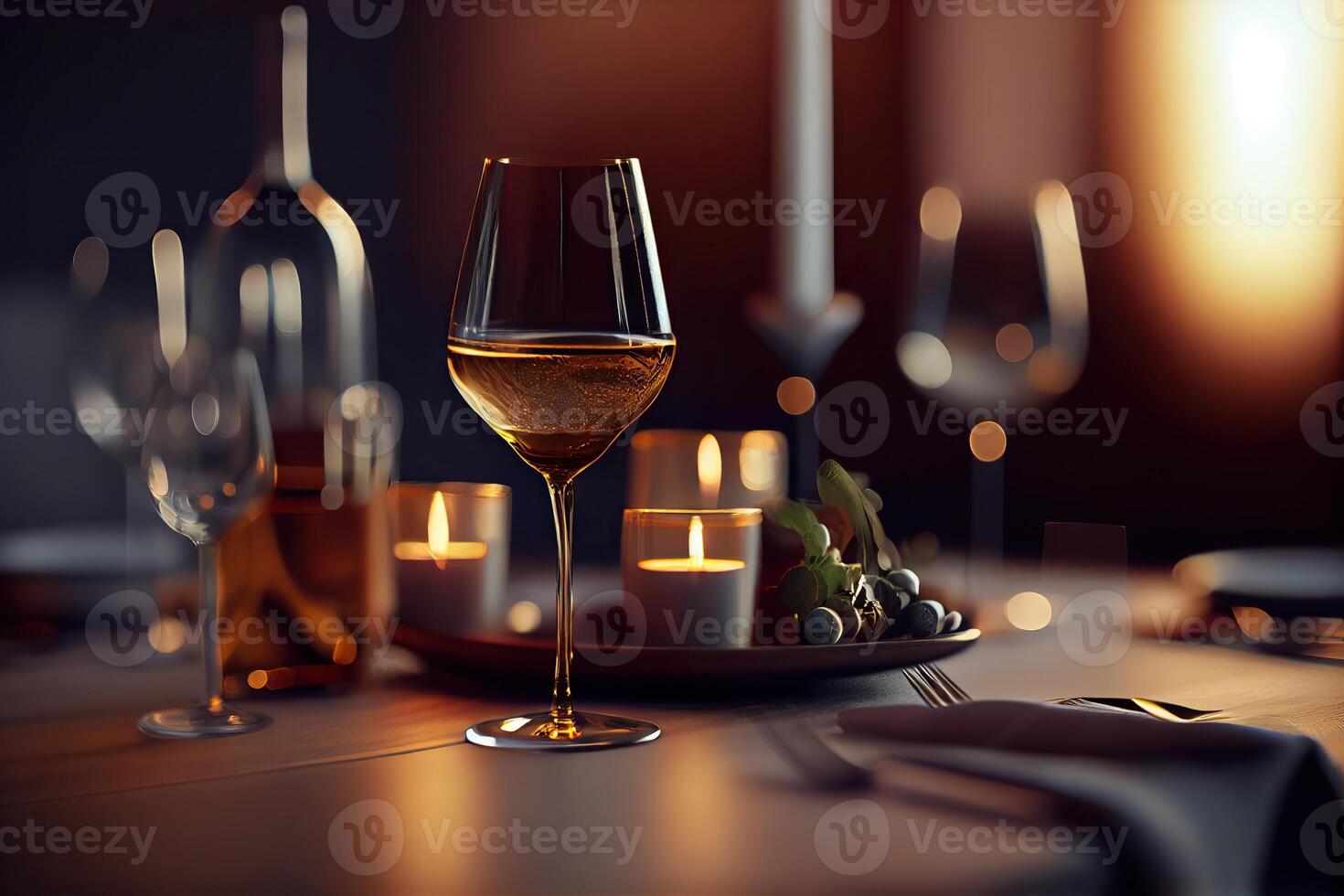 illustration of a restaurant table with a glass of white wine, soft golden light, expensive restaurant with beautiful lights in the background photo