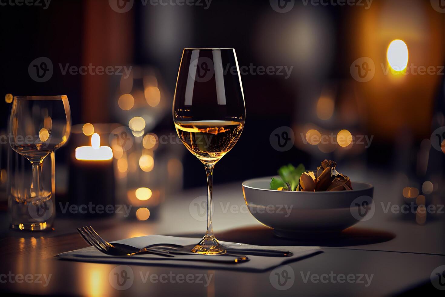 illustration of a restaurant table with a glass of white wine, soft golden light, expensive restaurant with beautiful lights in the background photo