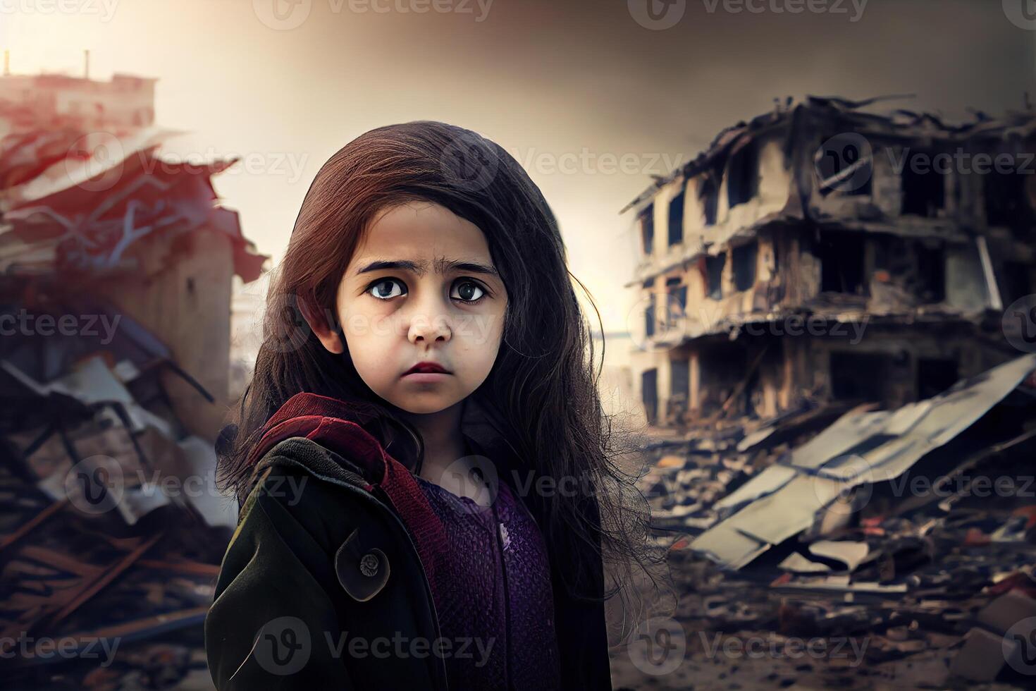 illustration of a sad child standing in front of collapse buildings area, natural disaster or war victim, sorrow scenery idea for support children's right photo