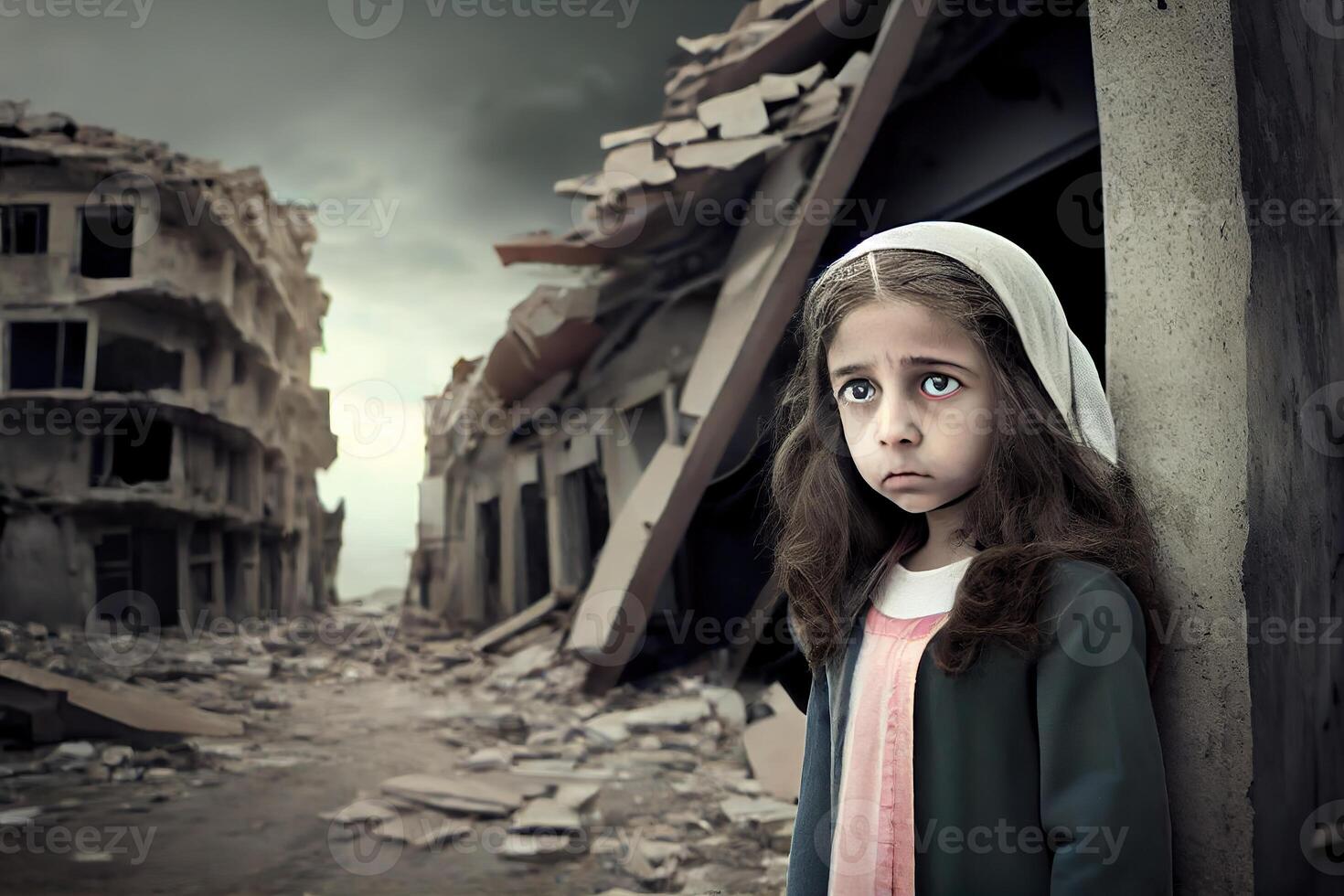 illustration of a sad child standing in front of collapse buildings area, natural disaster or war victim, sorrow scenery idea for support children's right photo