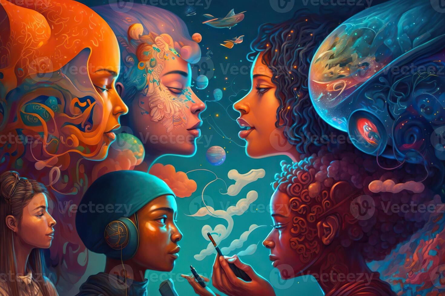 illustration of a multiverse of speech, a fantasy world where everyone can talk, colorful, diverse avatars interacting with each other, human rights and women's rights photo