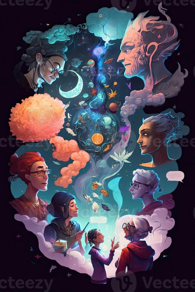 illustration of a multiverse of speech, a fantasy world where everyone can talk, colorful, diverse avatars interacting with each other, human rights and women's rights photo