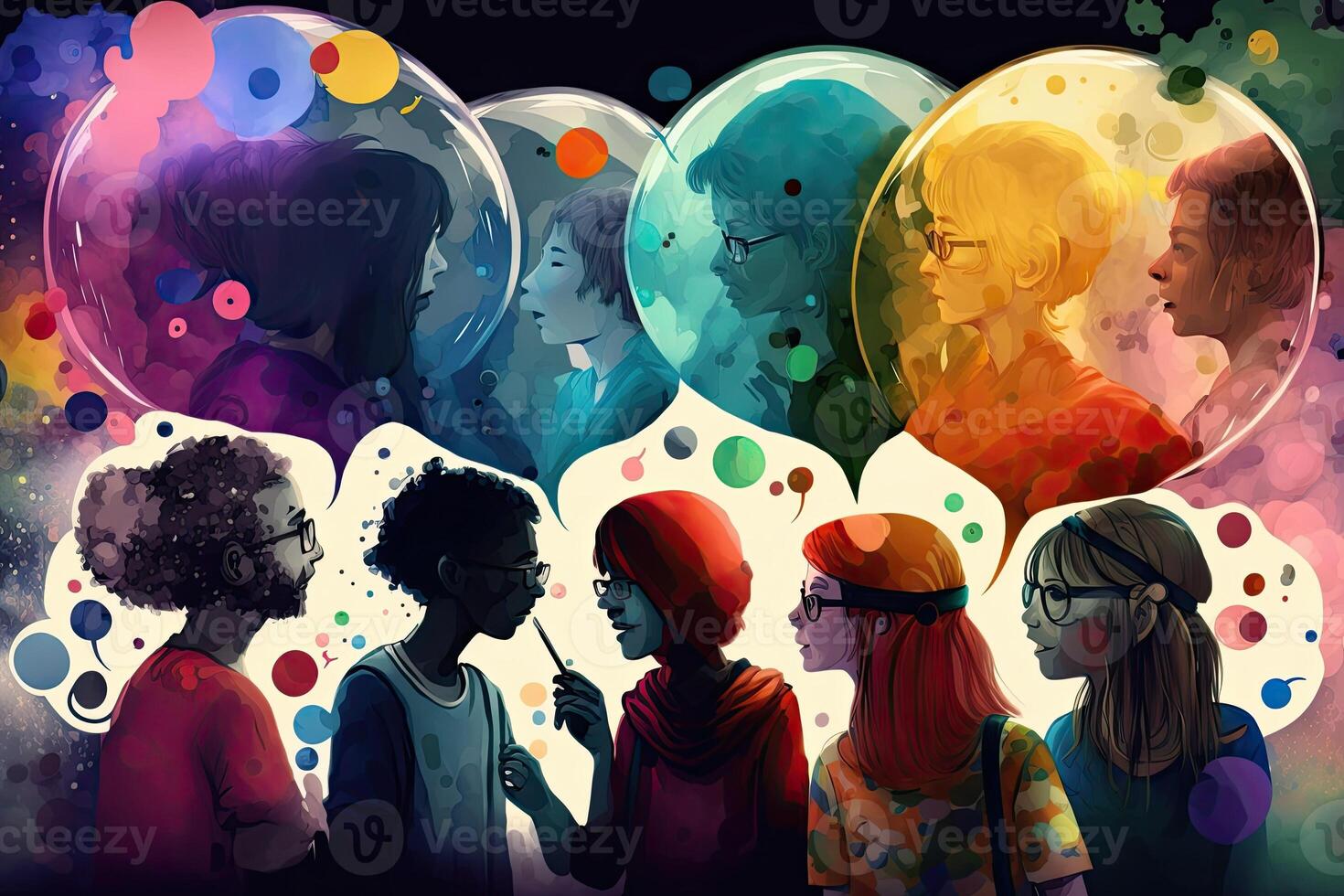 illustration of a multiverse of speech, a fantasy world where everyone can talk, colorful, diverse avatars interacting with each other, human rights and women's rights photo