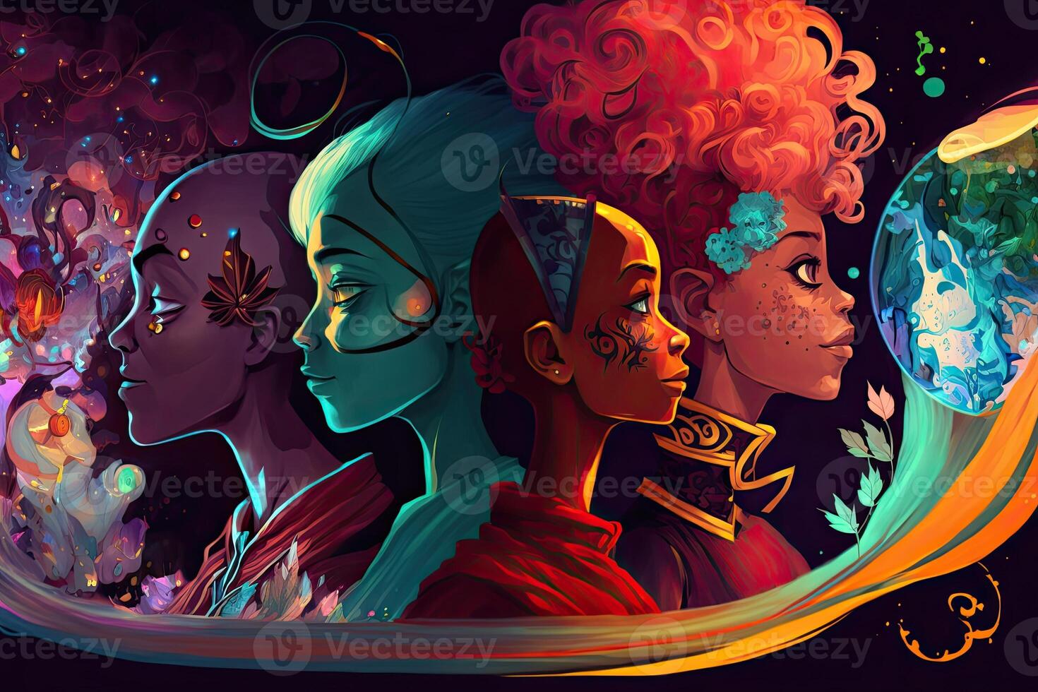 illustration of a multiverse of speech, a fantasy world where everyone can talk, colorful, diverse avatars interacting with each other, human rights and women's rights photo