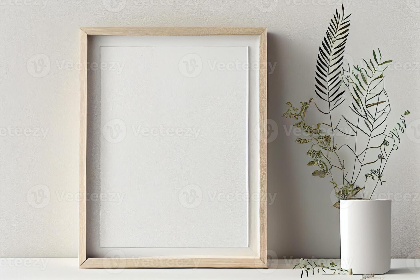 illustration of wooden picture frame mockup in side frame. Just blank frame and wooden outline. Mock up for an illustration. photo