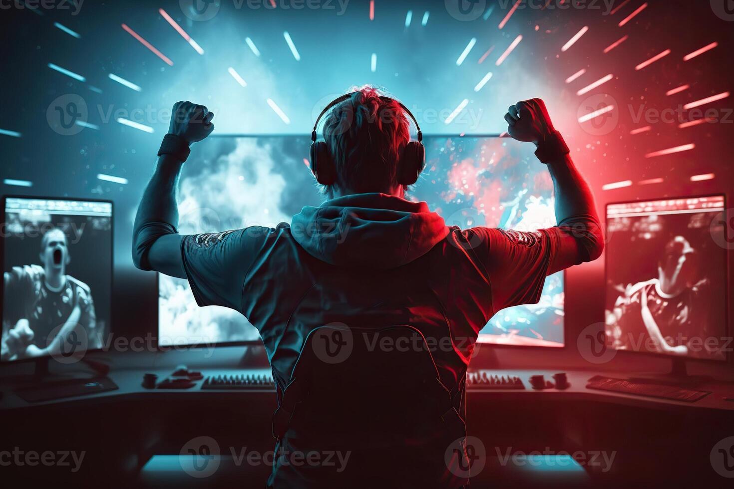 illustration of professional eSports gamer rejoices in the victory in cyber game room. Gamer celebrating victory. Winning a game. Electronic sports player rejoices victory photo