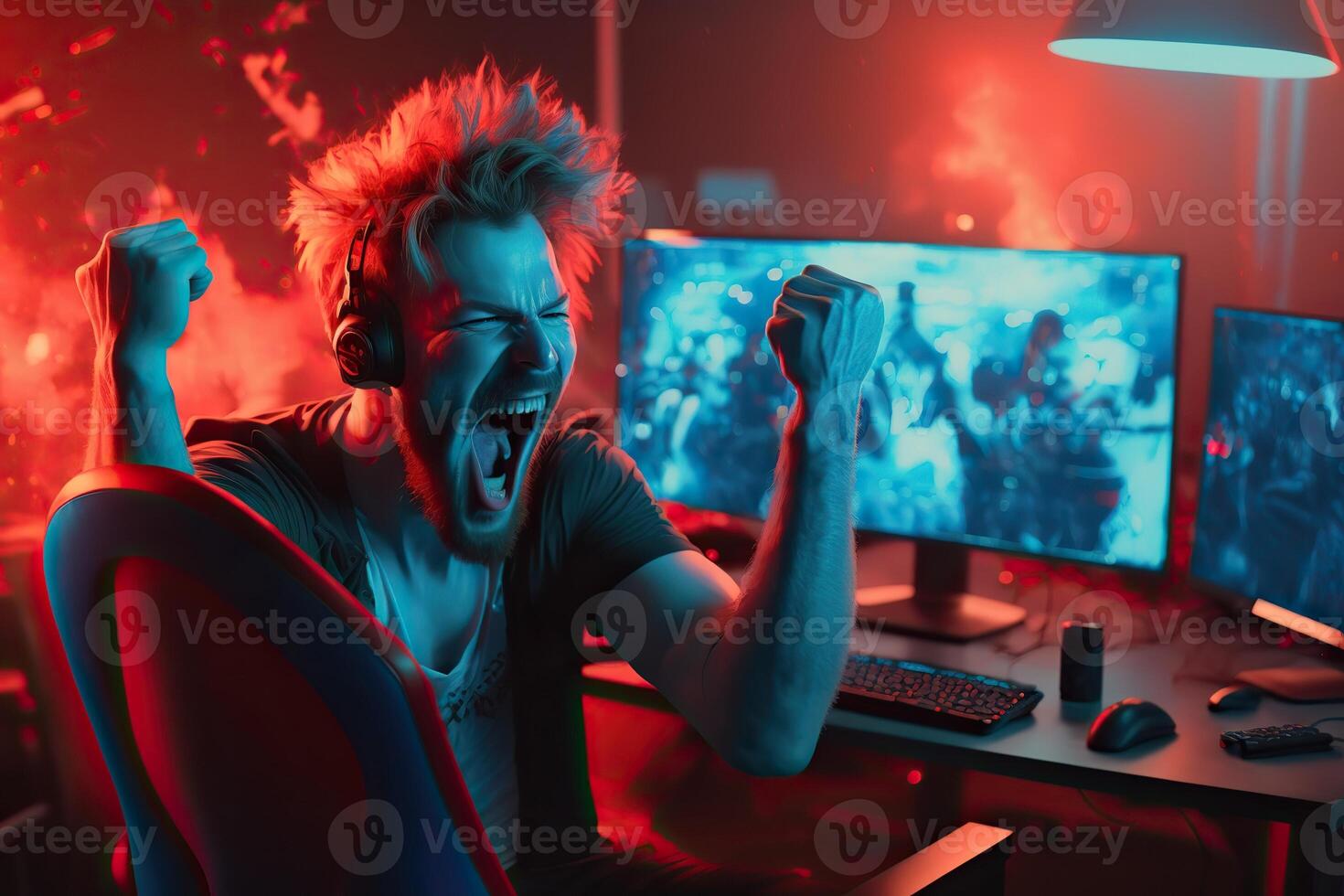 illustration of professional eSports gamer rejoices in the victory in cyber game room. Gamer celebrating victory. Winning a game. Electronic sports player rejoices victory photo