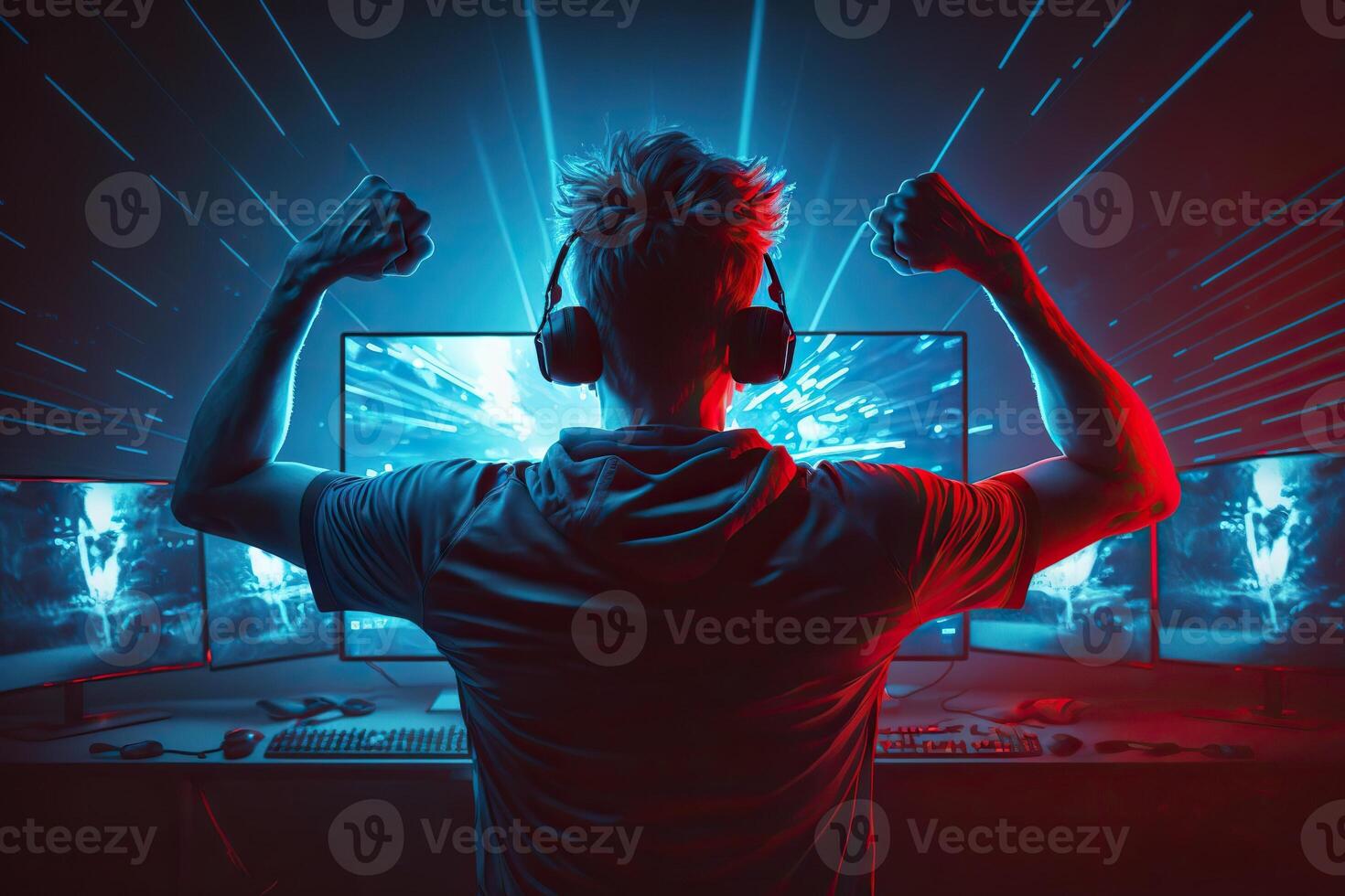 A woman playing computer games. Young woman using computer for playing games.  Cheerful woman in headphones playing online games. Vector flat design  illustration. Square layout. Royalty-Free Stock Image - Storyblocks