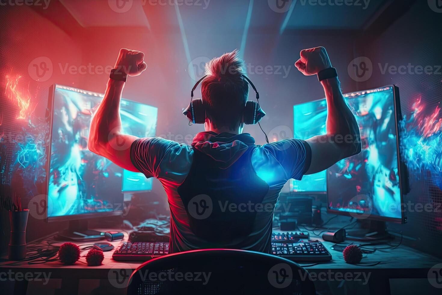 illustration of professional eSports gamer rejoices in the victory in cyber game room. Gamer celebrating victory. Winning a game. Electronic sports player rejoices victory photo