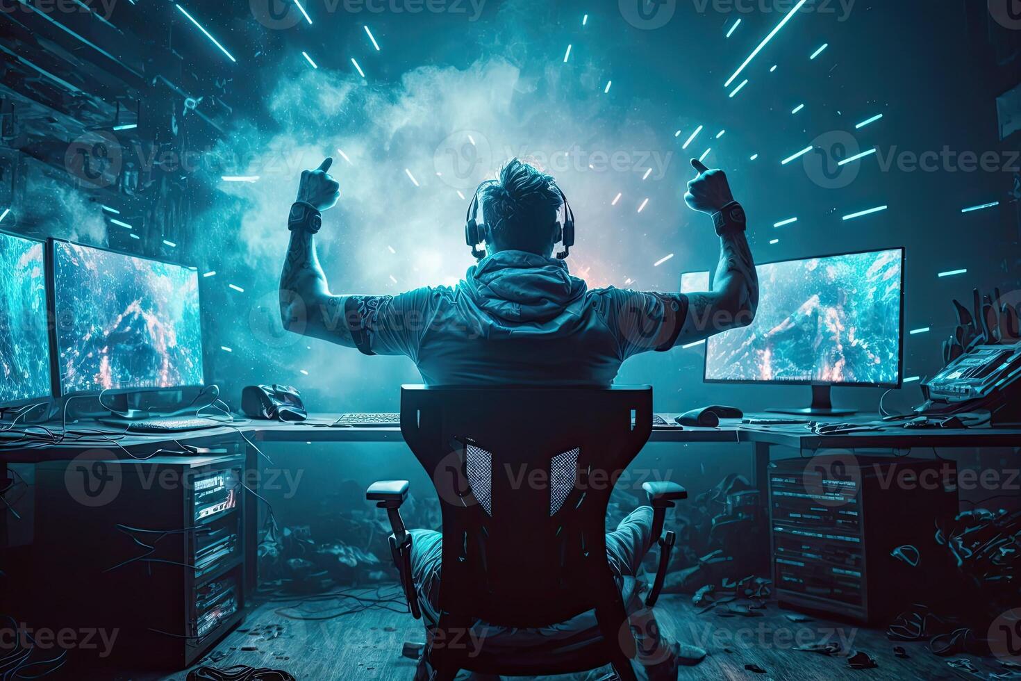 illustration of professional eSports gamer rejoices in the victory in cyber game room. Gamer celebrating victory. Winning a game. Electronic sports player rejoices victory photo