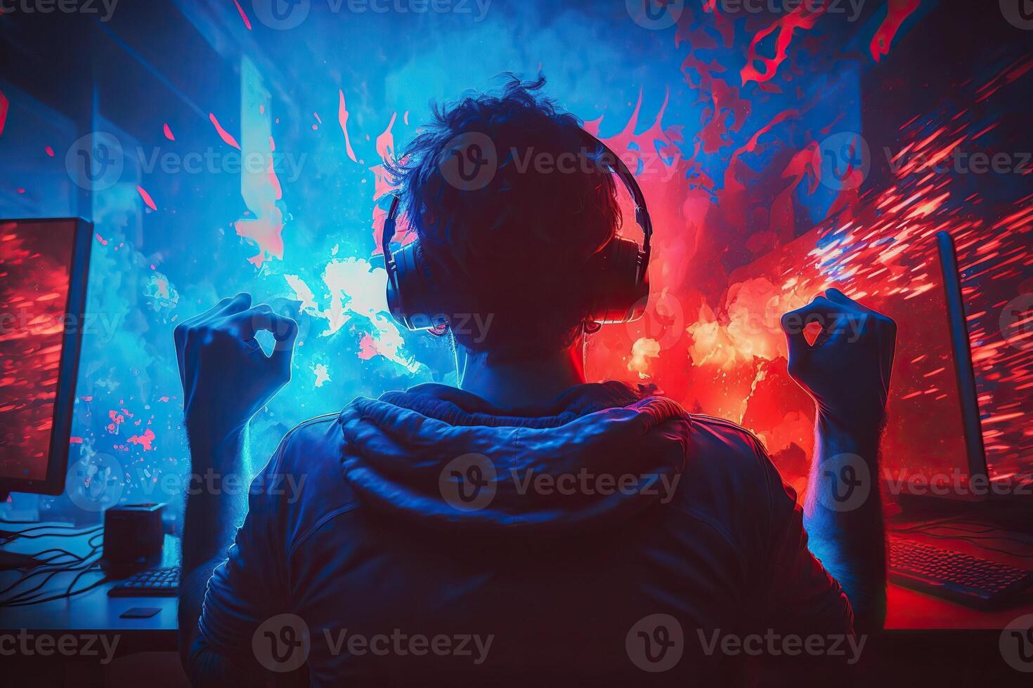 illustration of professional eSports gamer rejoices in the victory in cyber game room. Gamer celebrating victory. Winning a game. Electronic sports player rejoices victory photo