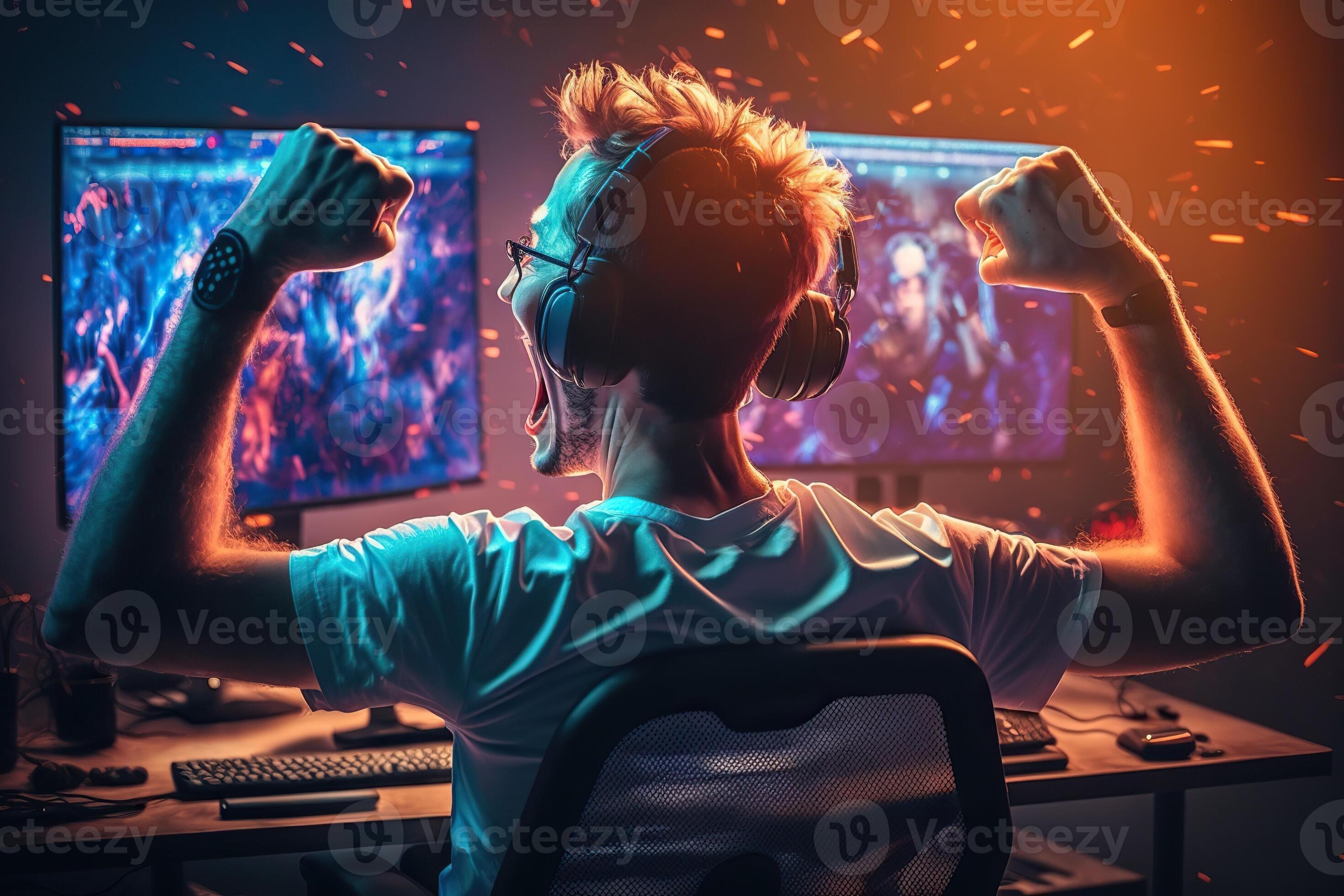 Esport of pro gamer playing video game with new graphics winning  championship, stylish design cyber games room. Virtual shooter game in  cyberspace, esports player performing on pc gaming tournament Stock Photo