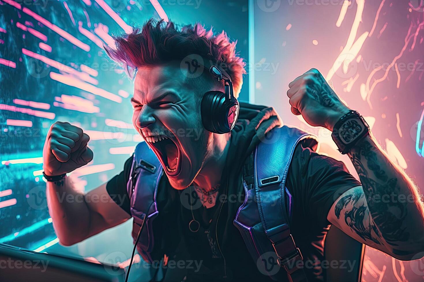 illustration of professional eSports gamer rejoices in the victory in cyber game room. Gamer celebrating victory. Winning a game. Electronic sports player rejoices victory photo