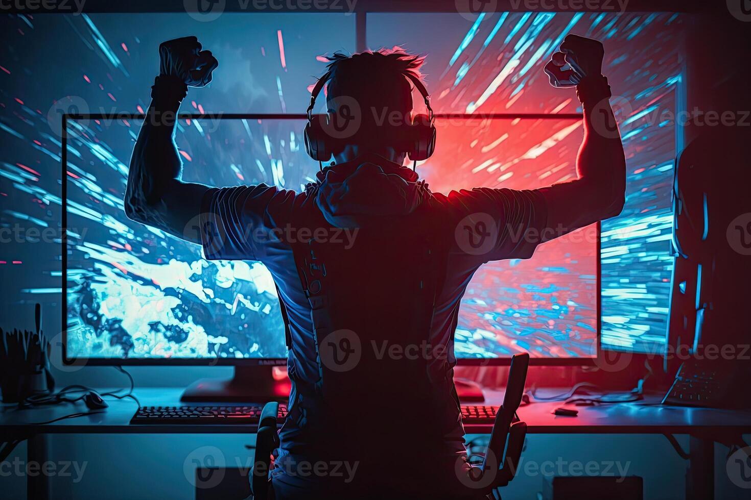 illustration of professional eSports gamer rejoices in the victory in cyber game room. Gamer celebrating victory. Winning a game. Electronic sports player rejoices victory photo