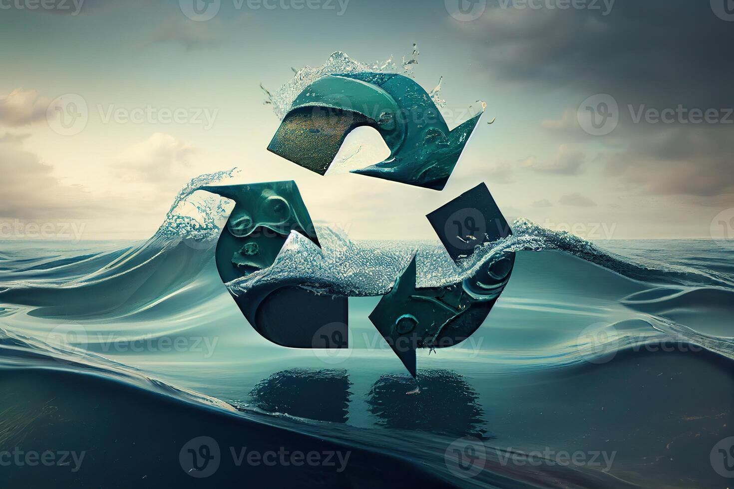 illustration of recycle symbol in the ocean. photo realistic, environmental issues, trash