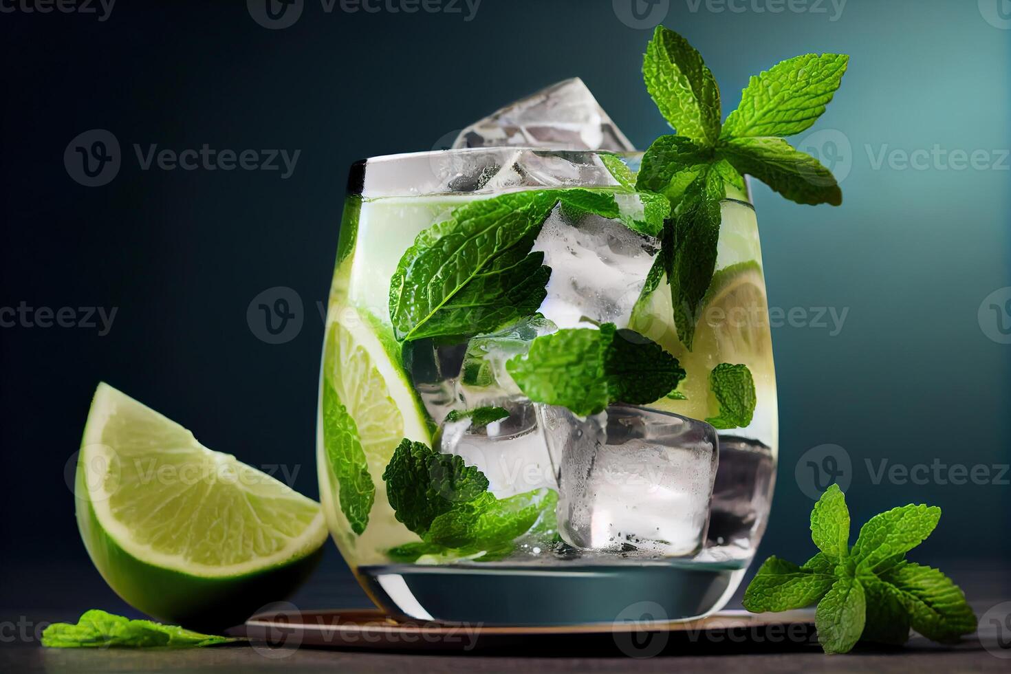 generativo ai ilustración de mojito cóctel con hielo y menta, Perfecto para verano foto