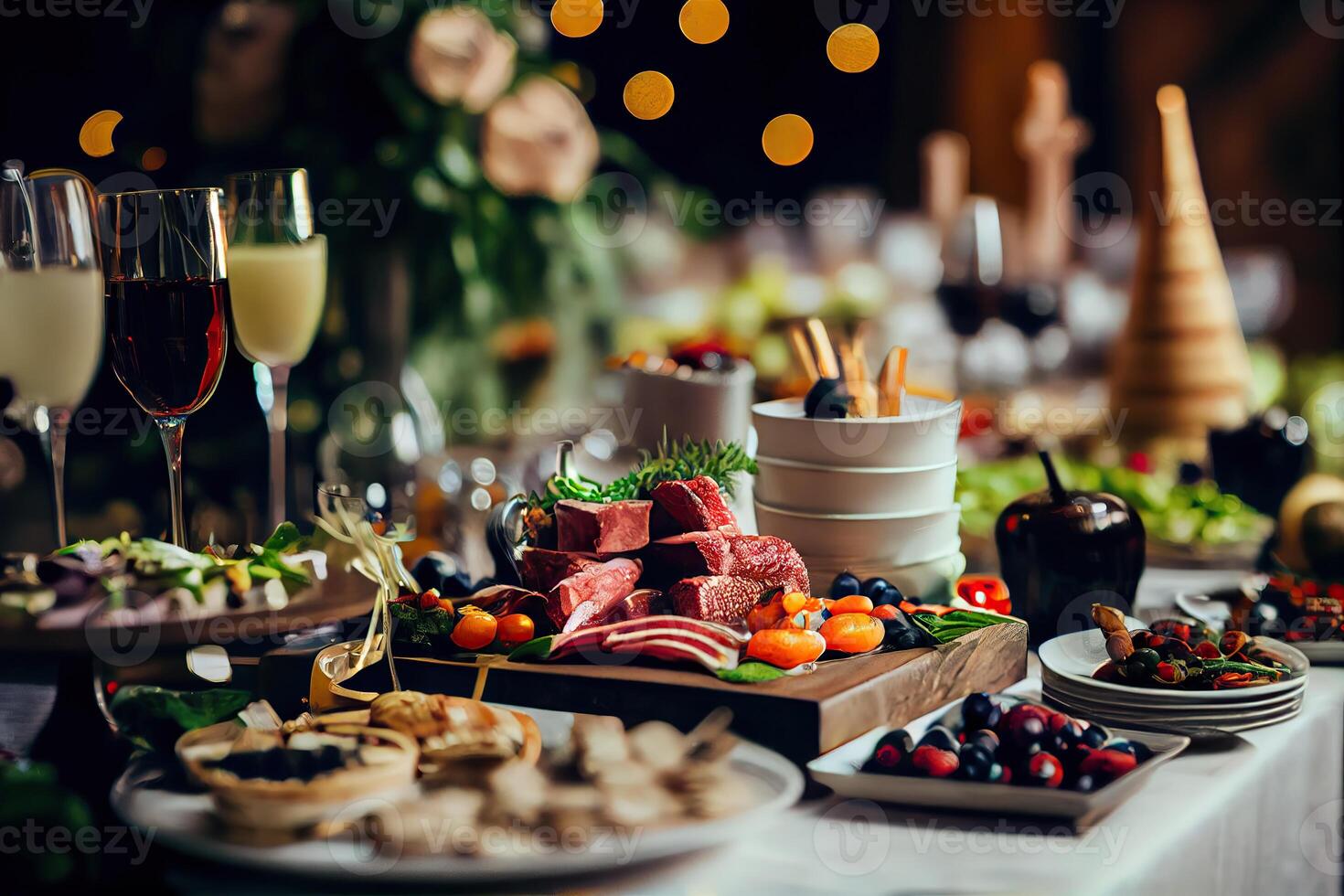 illustration of serving table of a variety of delicious festive food and wine prepared for event party or wedding. Selective focus photo