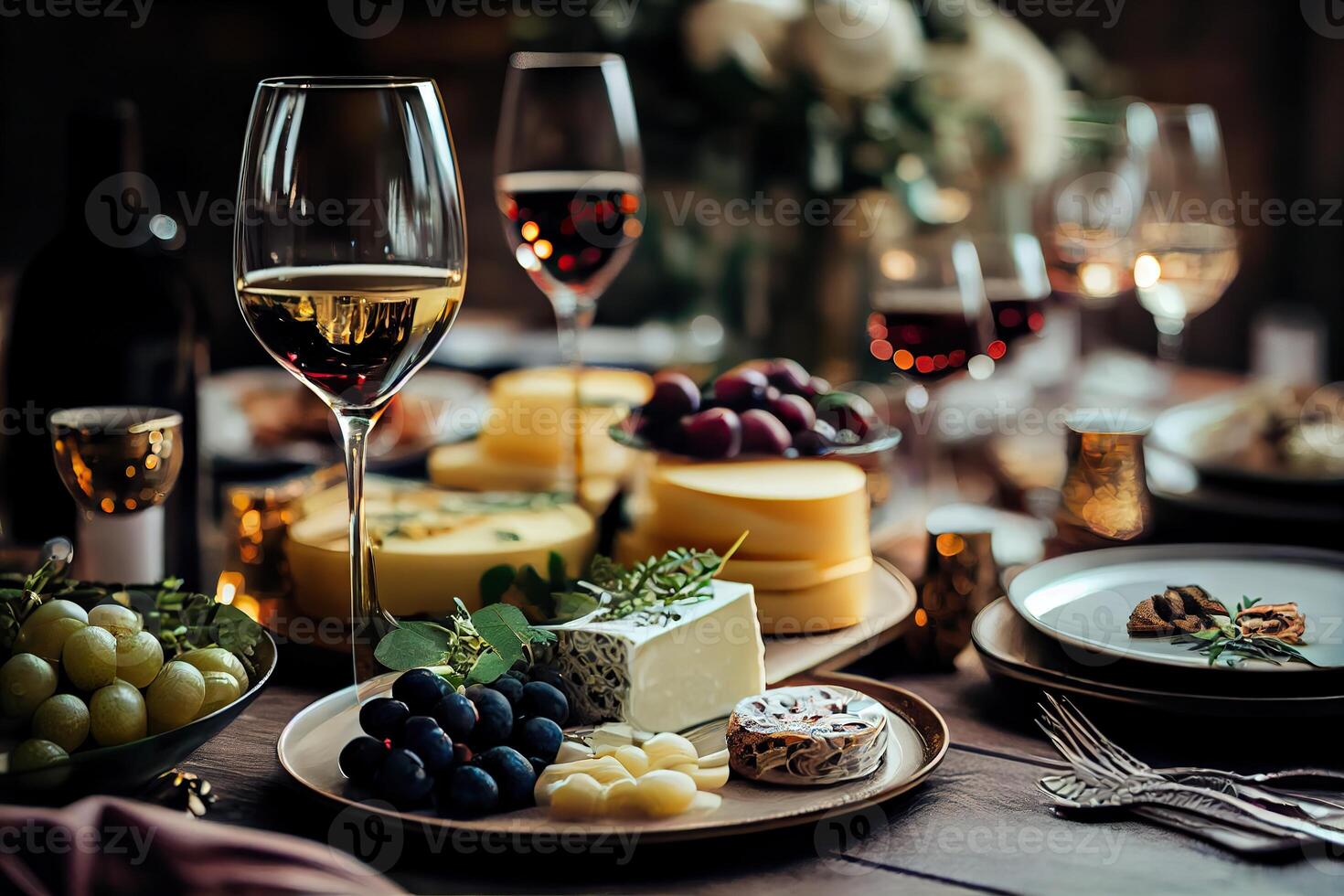 illustration of serving table of a variety of delicious festive food and wine prepared for event party or wedding. Selective focus photo