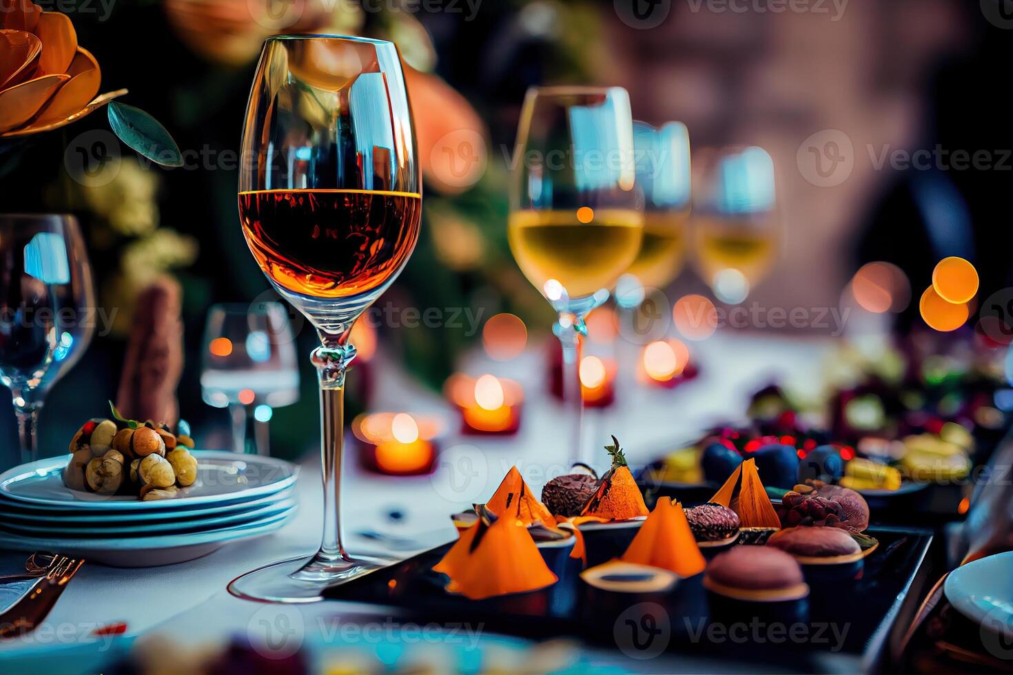 illustration of serving table of a variety of delicious festive food and wine prepared for event party or wedding. Selective focus photo