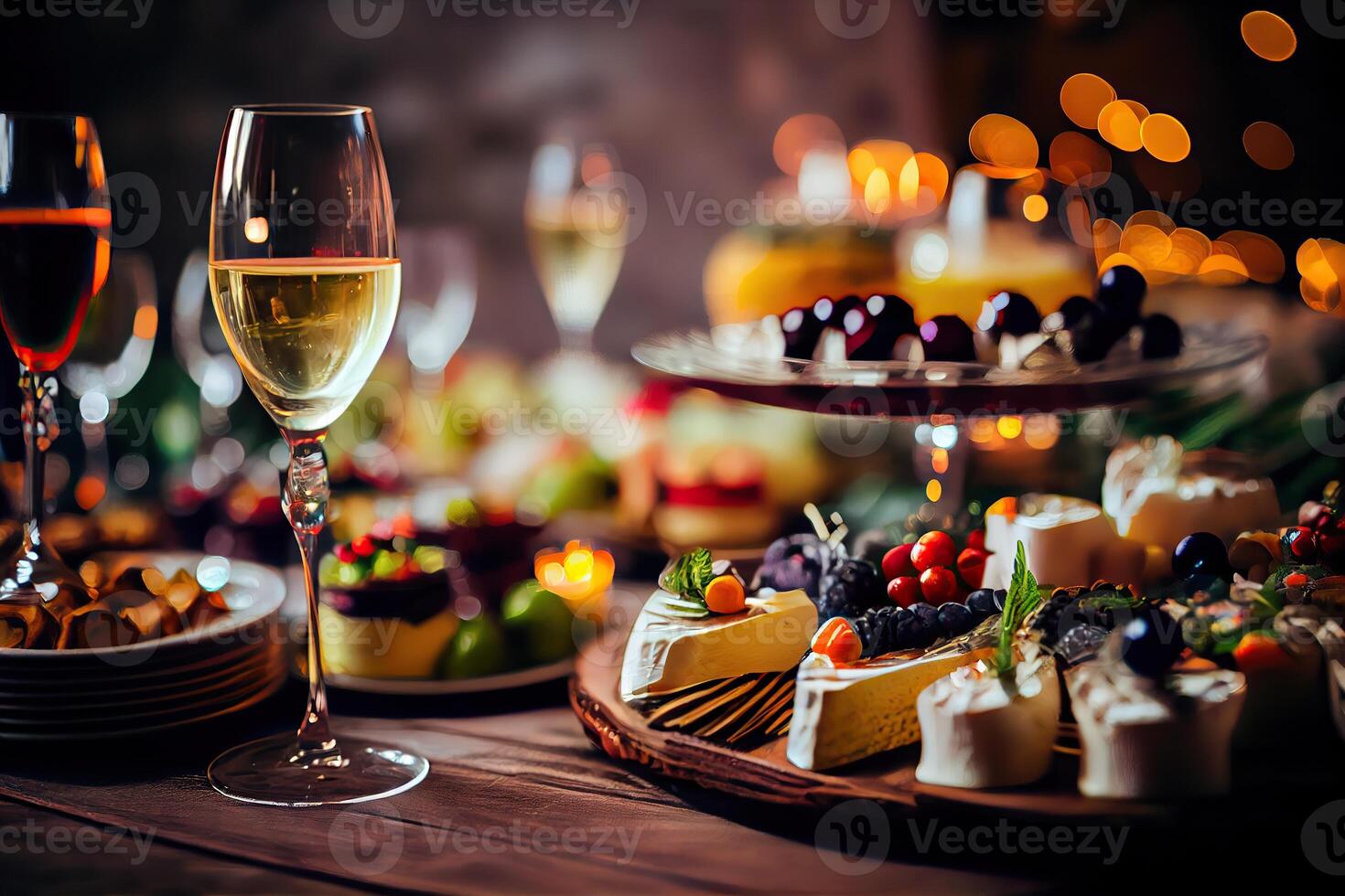 illustration of serving table of a variety of delicious festive food and wine prepared for event party or wedding. Selective focus photo