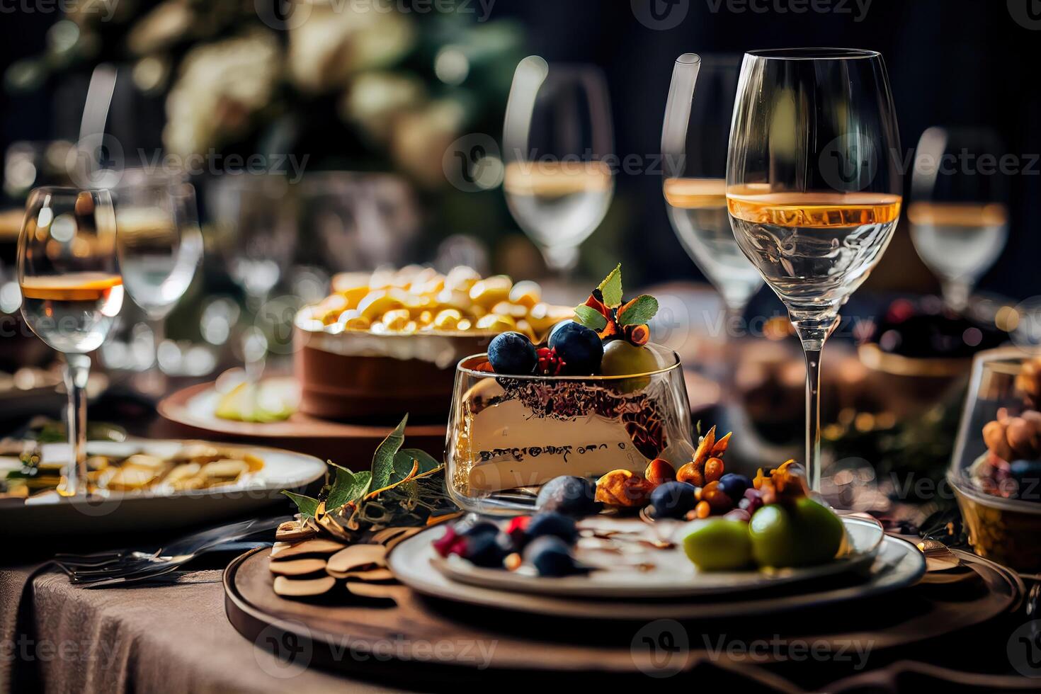 generativo ai ilustración de servicio mesa de un variedad de delicioso festivo comida y vino preparado para evento fiesta o boda. selectivo atención foto