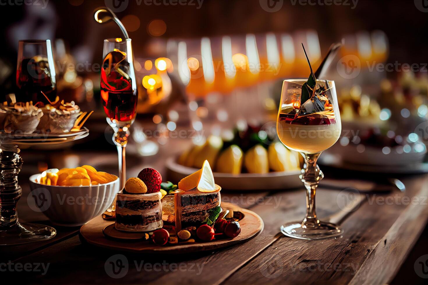 illustration of serving table of a variety of delicious festive food and wine prepared for event party or wedding. Selective focus photo