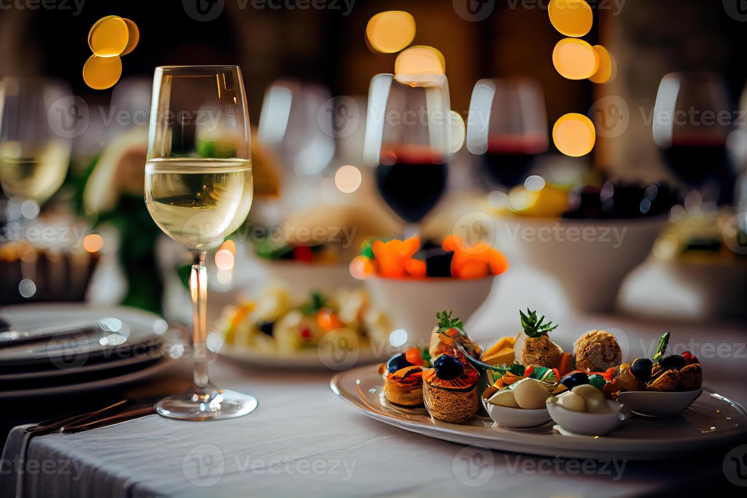 illustration of serving table of a variety of delicious festive food and wine prepared for event party or wedding. Selective focus photo