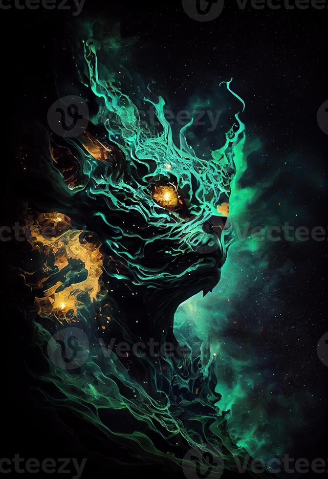 generativo ai ilustración de el celestial bestia hecho de un mágico malaquita nebulosa, acecha en el oscuro, resumen hiper realismo, surrealista líquido petróleo y salpicado tinta foto