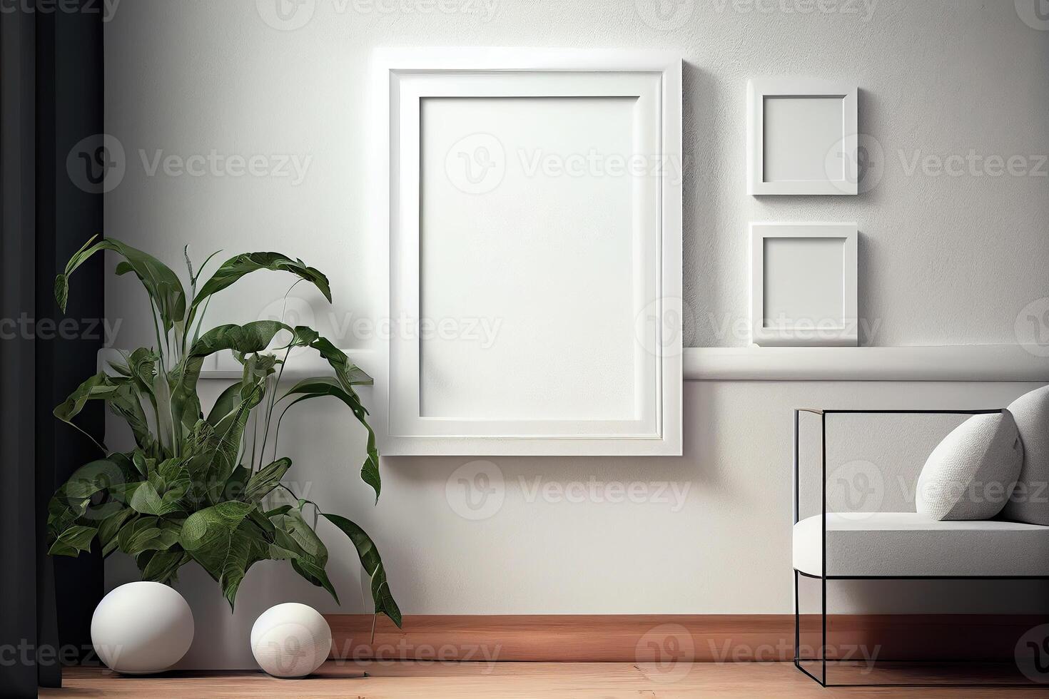 illustration of vertical blank picture frame mockup, frame on the wall, nature decoration, mid century living room. Mock up for an illustration. photo