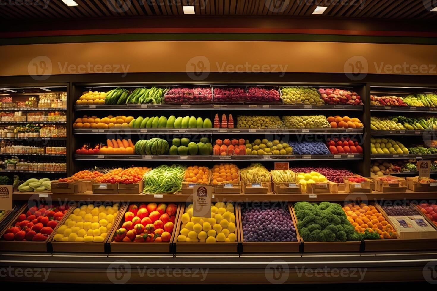 generativo ai ilustración de Fresco y vistoso, Fruta y vegetal sección de el supermercado foto