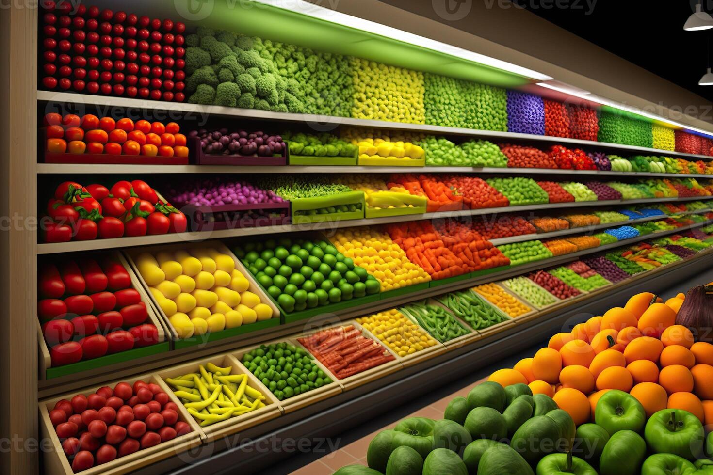 illustration of fresh and colorful, fruit and vegetable section of the supermarket photo