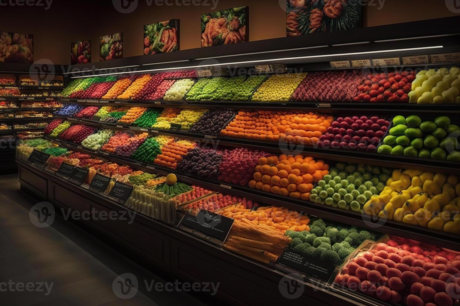 generativo ai ilustración de Fresco y vistoso, Fruta y vegetal sección de el supermercado foto