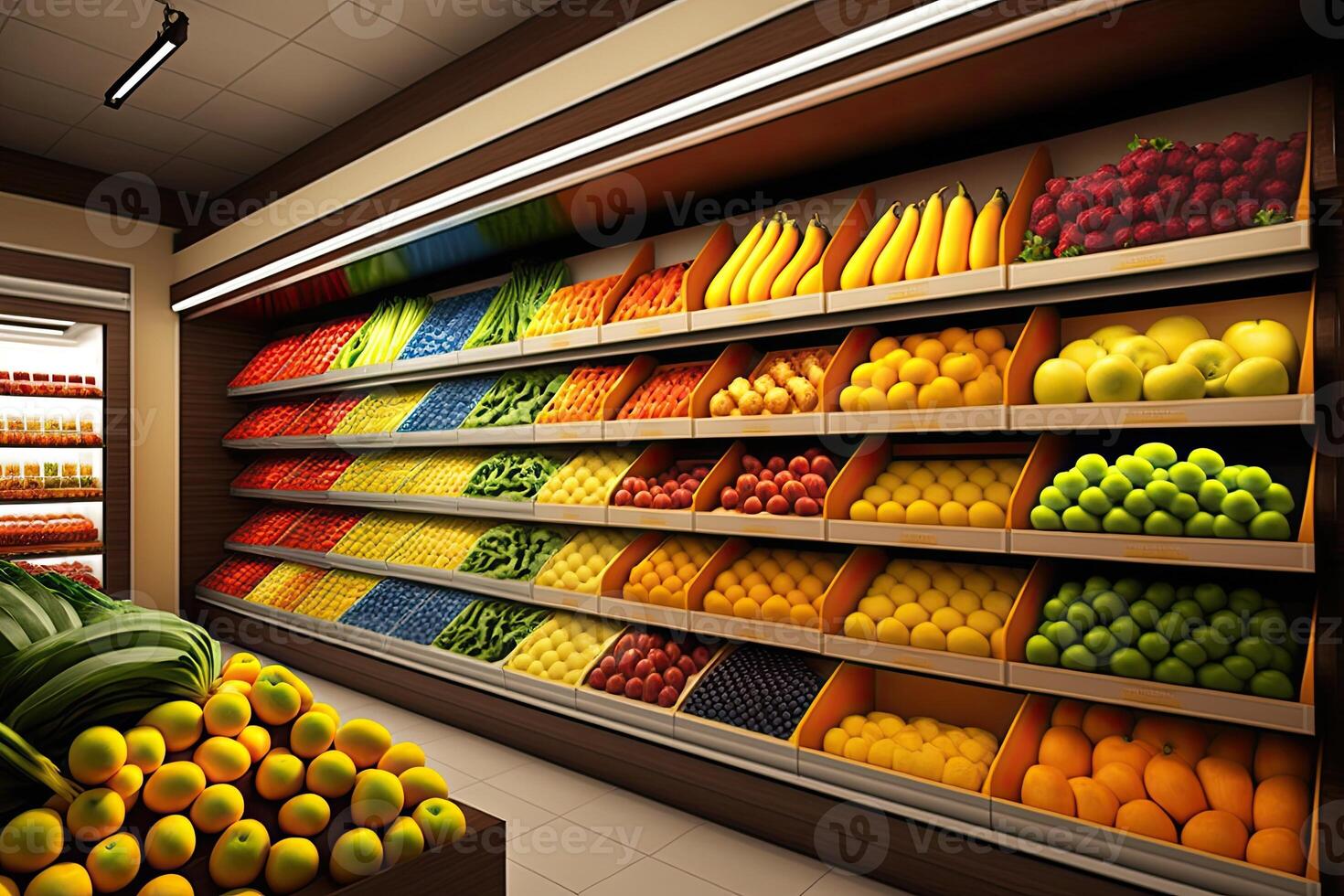 illustration of fresh and colorful, fruit and vegetable section of the supermarket photo