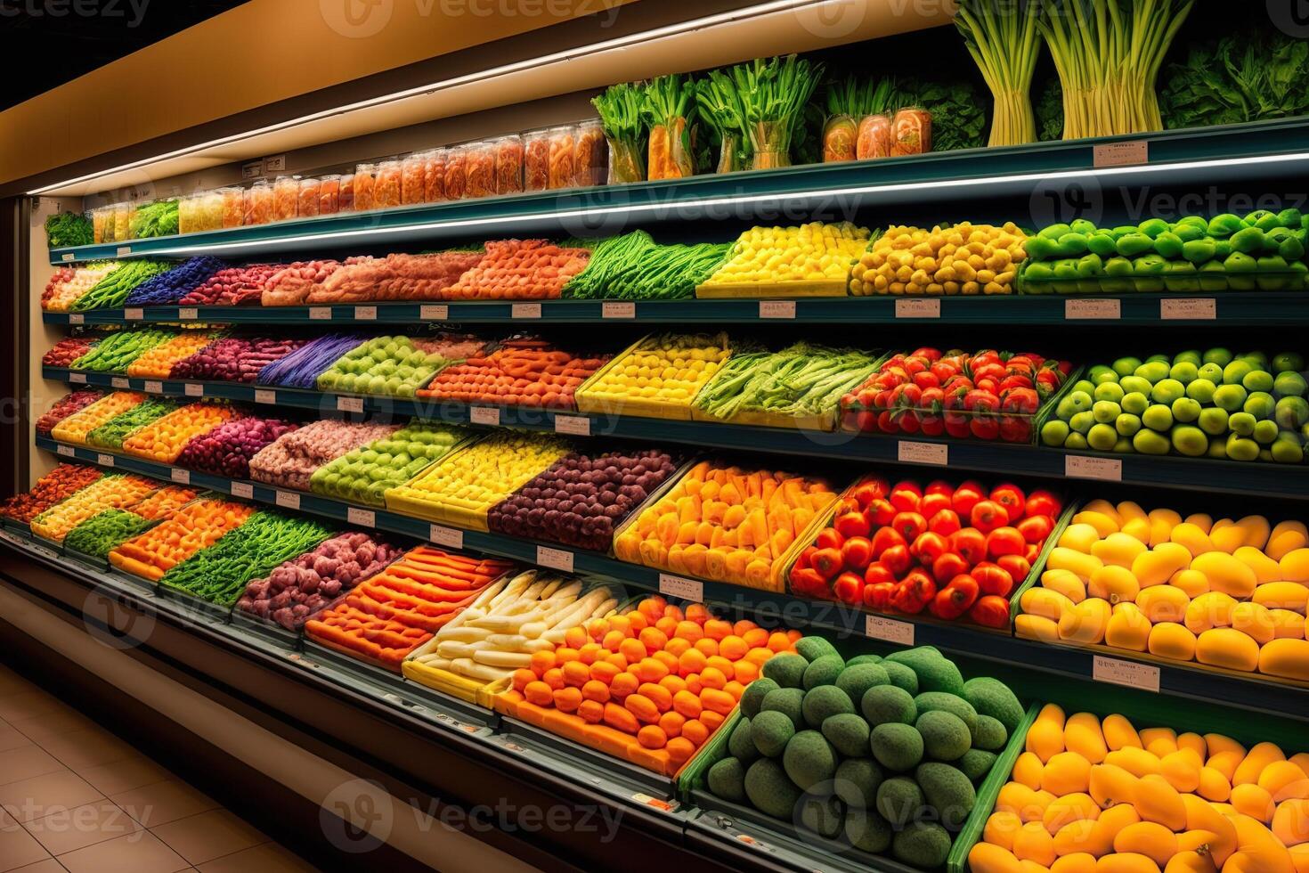 illustration of fresh and colorful, fruit and vegetable section of the supermarket photo