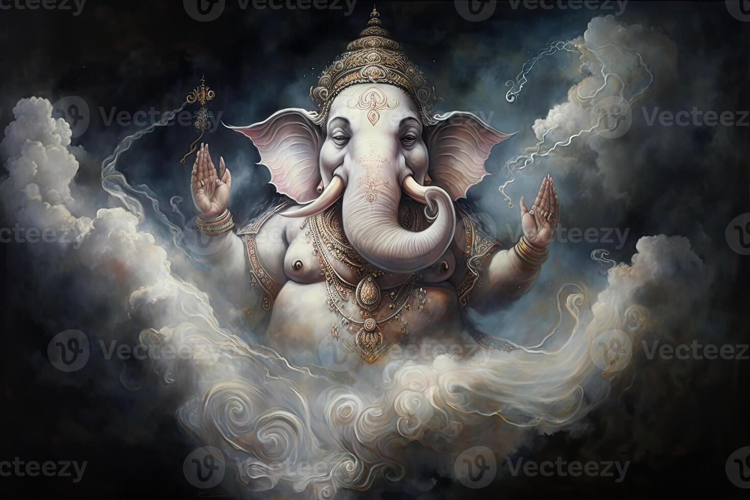 illustration of Ganesha Hindu God , with flowers, oil painting taken up into heaven, sitting in front of bokeh mandala background photo