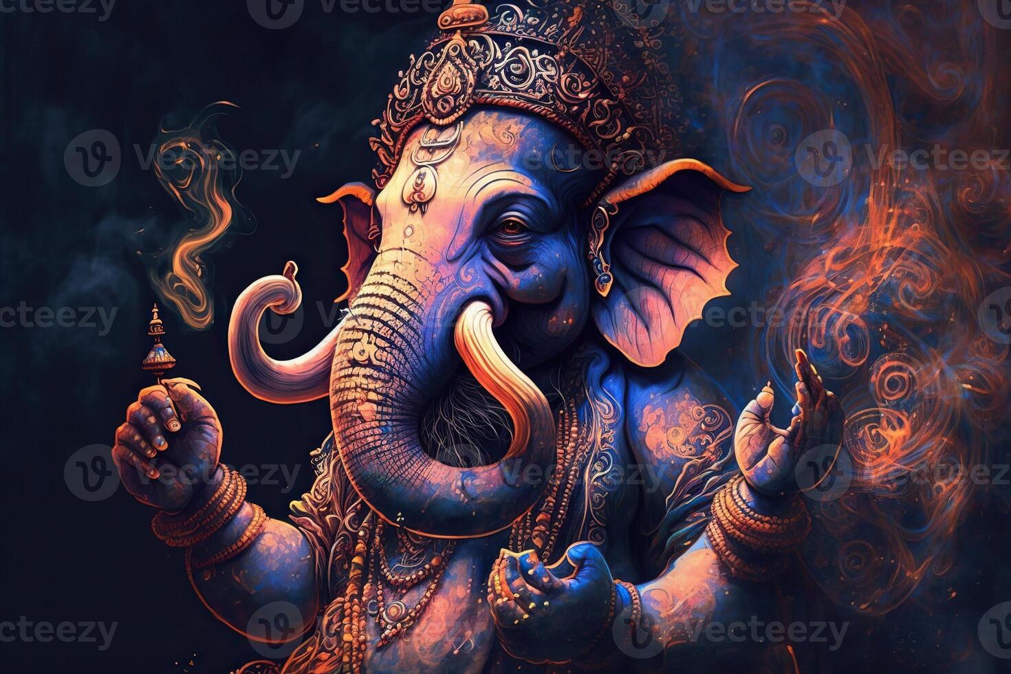 illustration of Ganesha Hindu God , with flowers, oil painting taken up into heaven, sitting in front of bokeh mandala background photo