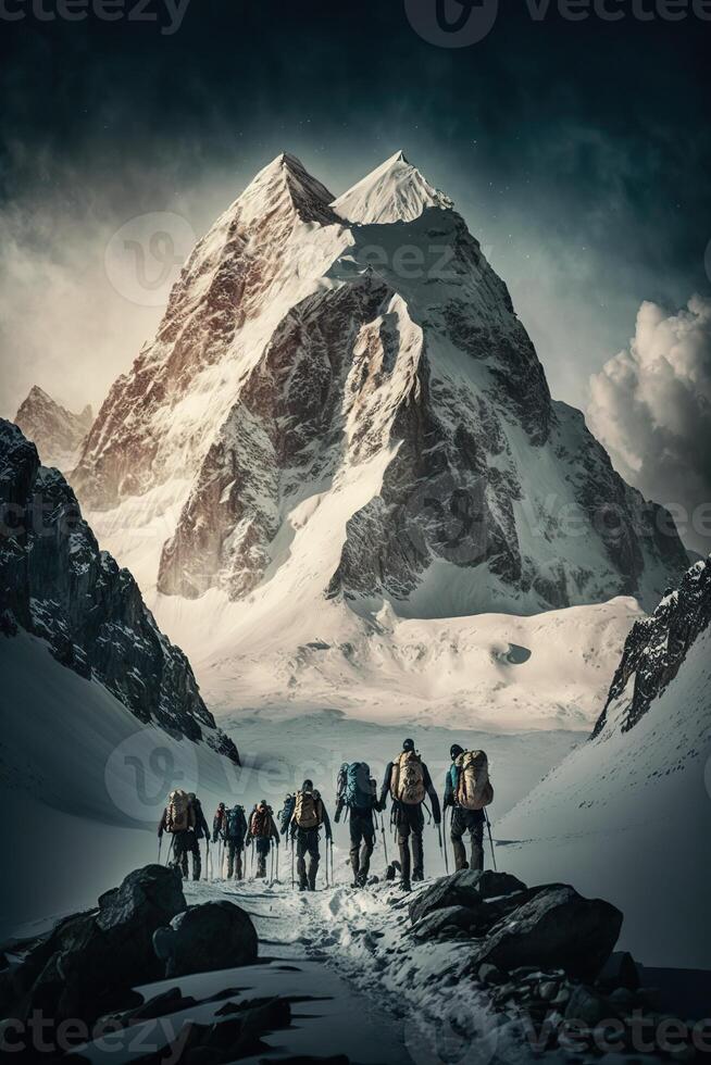 illustration of group of mountaineers. Multiple high alpine climbers in front of a gigantic mountain photo