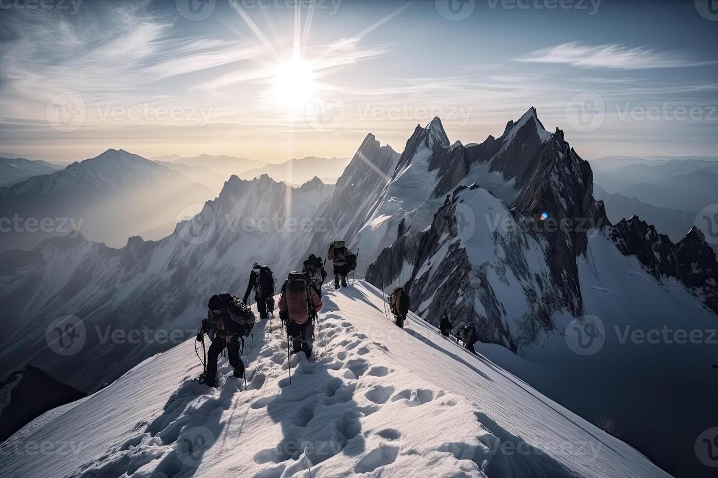 illustration of group of mountaineers. Multiple high alpine climbers in front of a gigantic mountain photo