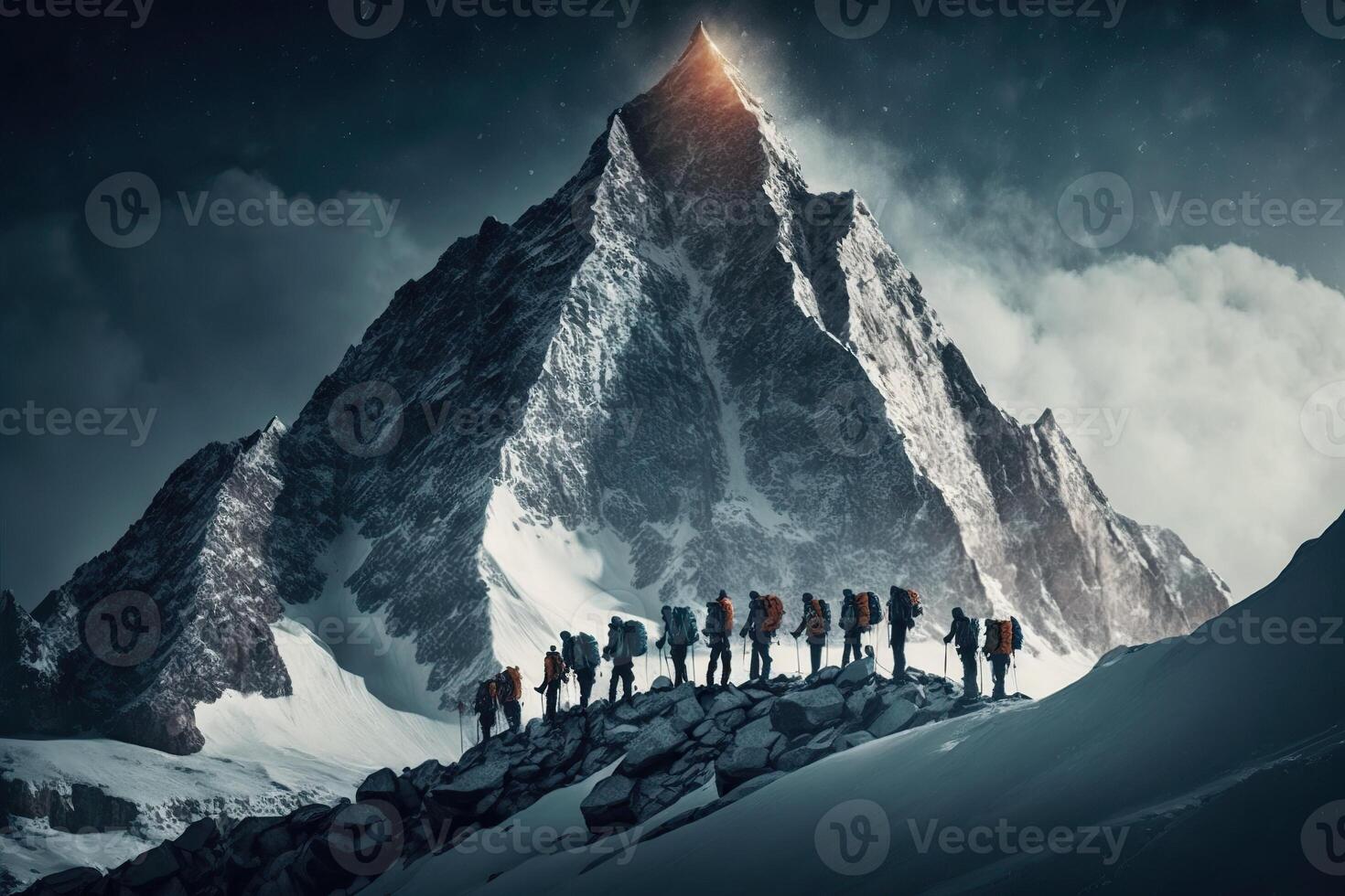 illustration of group of mountaineers. Multiple high alpine climbers in front of a gigantic mountain photo