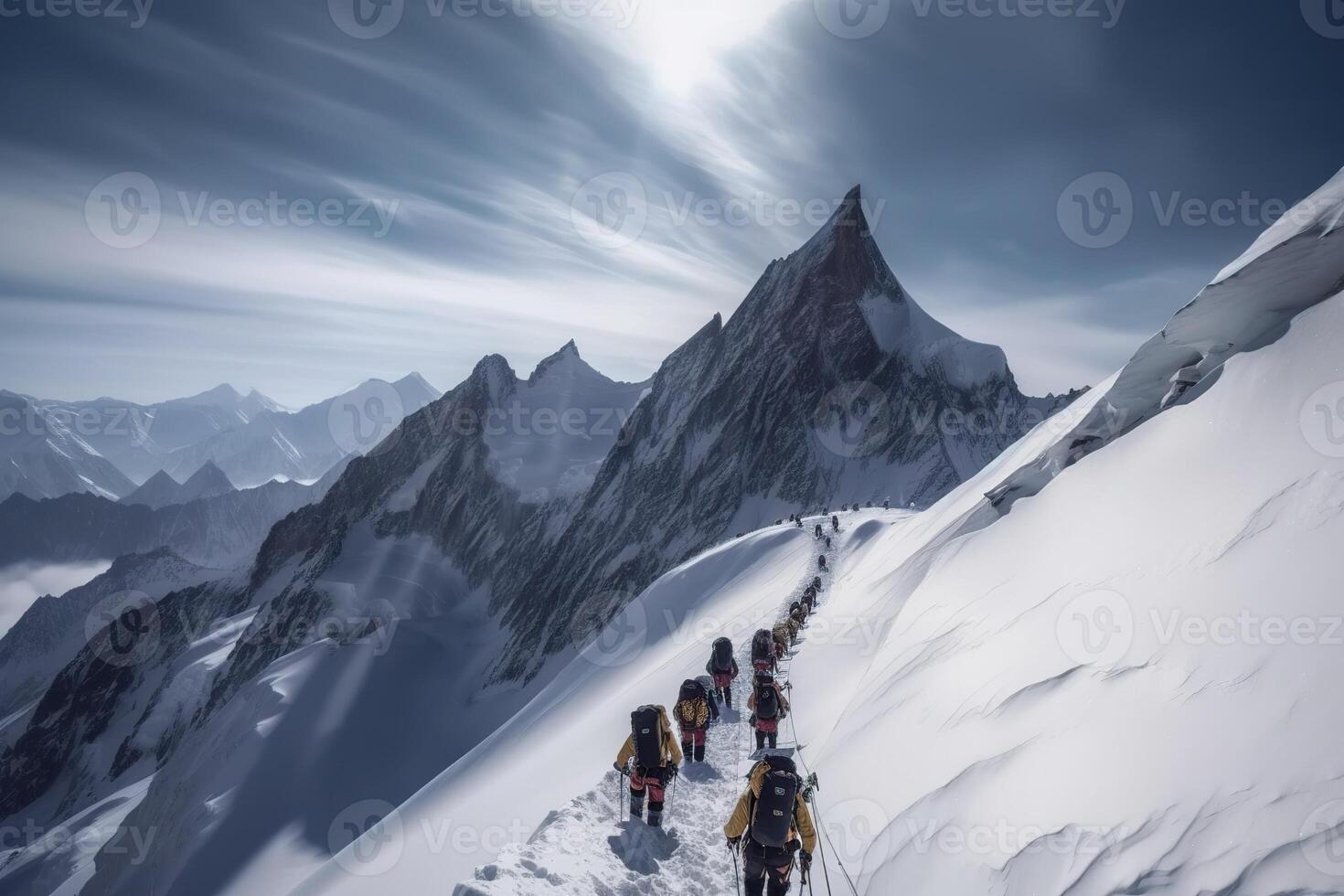 illustration of group of mountaineers. Multiple high alpine climbers in front of a gigantic mountain photo