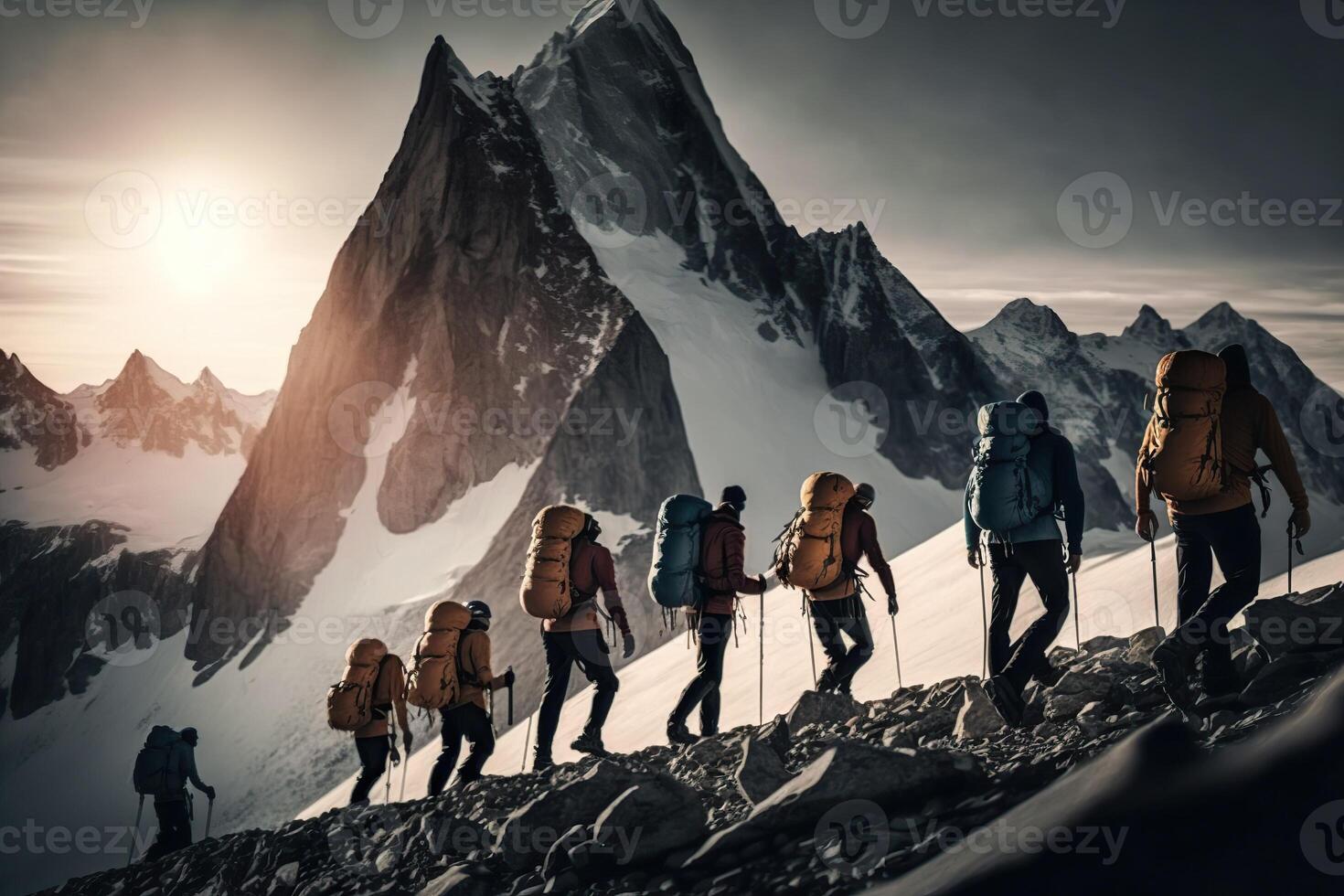 illustration of group of mountaineers. Multiple high alpine climbers in front of a gigantic mountain photo