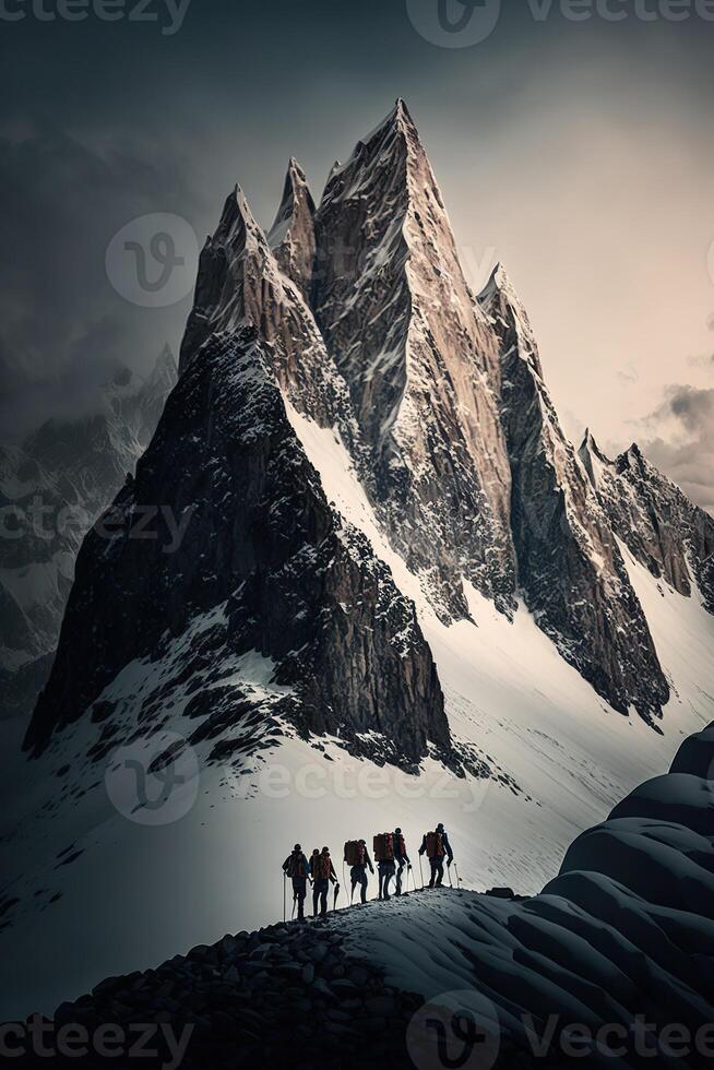 illustration of group of mountaineers. Multiple high alpine climbers in front of a gigantic mountain photo