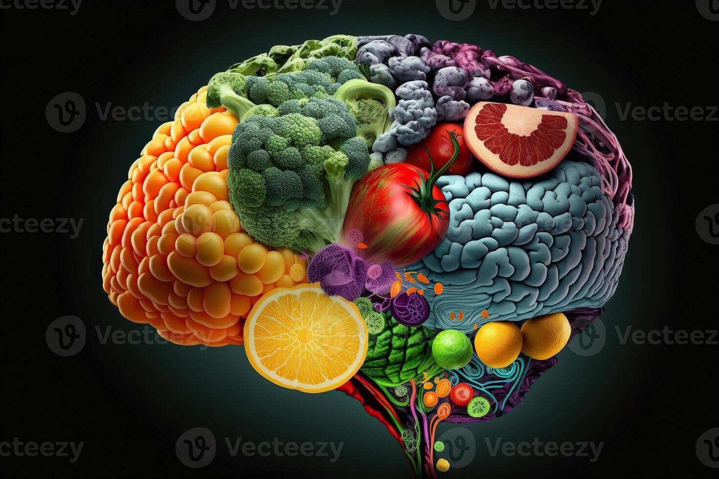 illustration of human brain made of fruits and vegetables. Concept of nutritious foods for brain health and memory photo