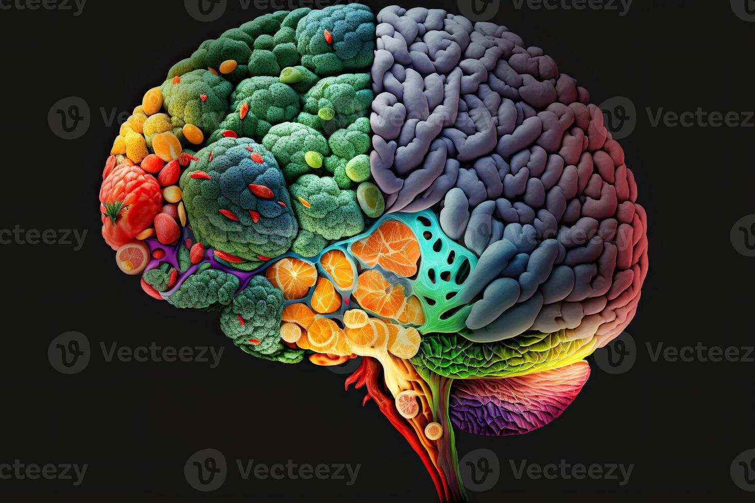 illustration of human brain made of fruits and vegetables. Concept of nutritious foods for brain health and memory photo