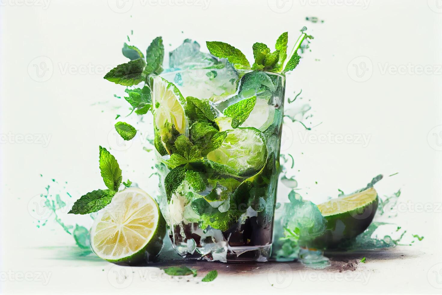 generativo ai ilustración de mojito cóctel con hielo y menta, Perfecto para verano foto