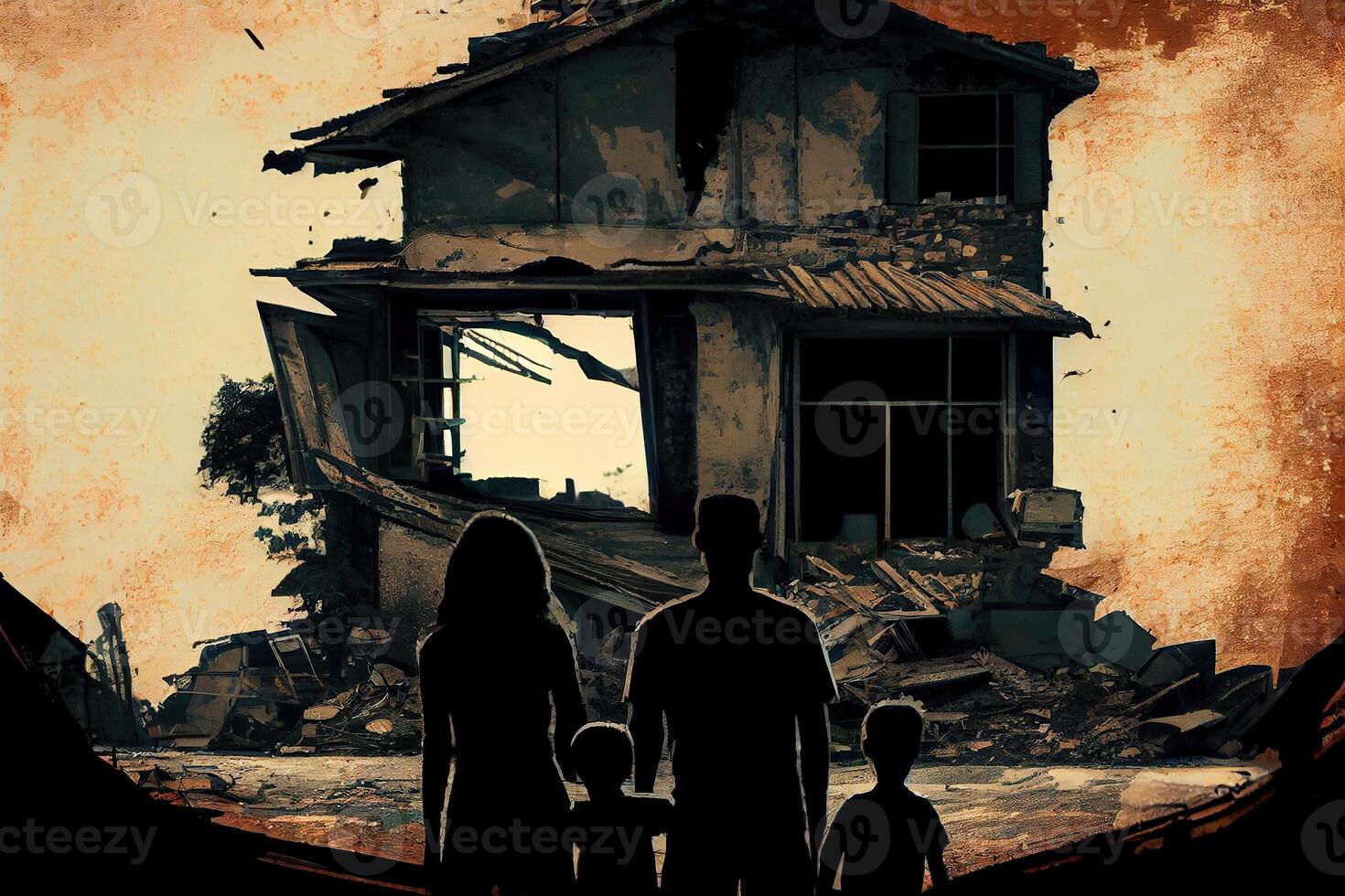 illustration of a family standing in front of collapse buildings area, natural disaster or war victim photo